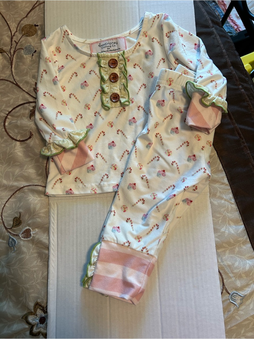 SweetHoney White Pajama Set with Pink Candy Cane Print and Green Trim